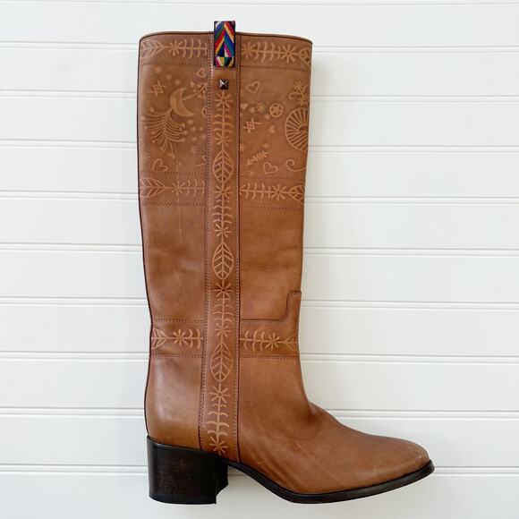 Valentino Santeria Brown Leather Riding Boots Embossed Western Knee High 36 - Picture 2 of 12
